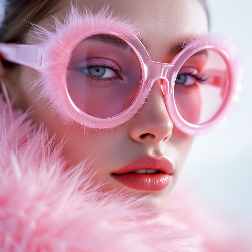 AI generated: Fashion shoot, Jacquemus and moncler collaboration: light pink translucent fur sunglasses, hyper-rea...