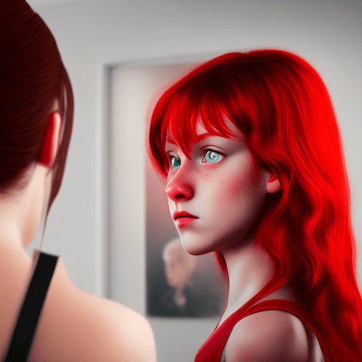 AI generated: Hyper realistic girl with red eyes and red hair watching in front of picture, 8k
