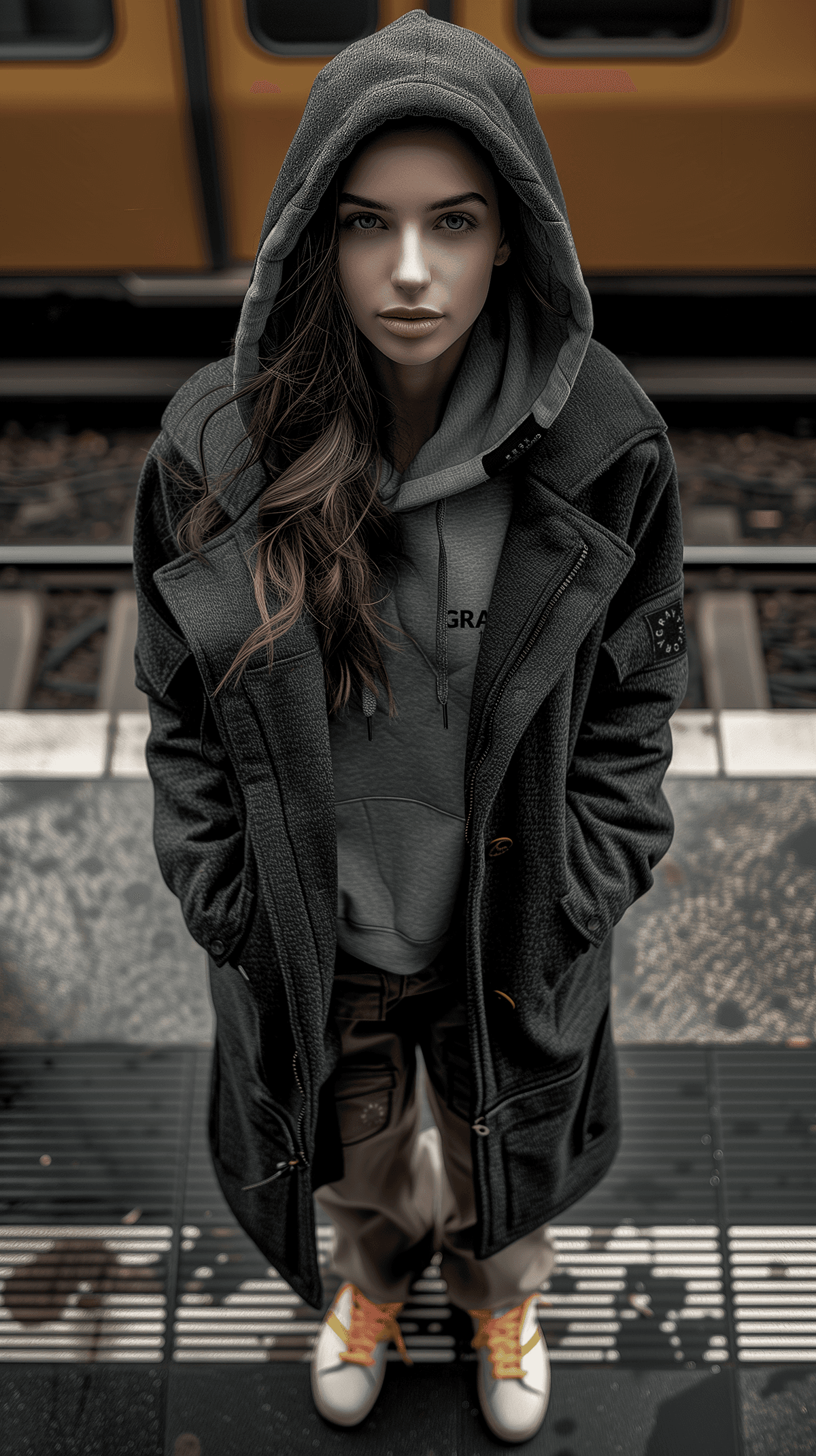 AI generated: Photography blend illustration, aerial view, professional beauty woman model, standing on Berlin sub...