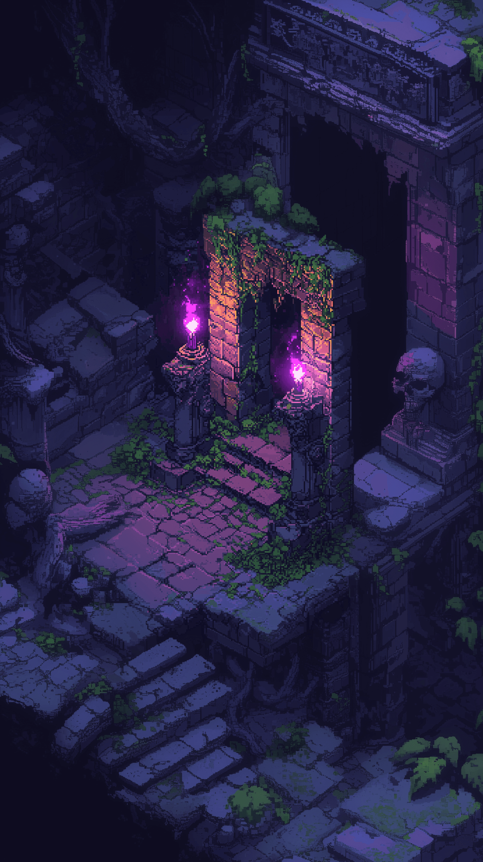 AI generated: isometric, dark dungeon, deep violet-flamed torches, over cracked stones walls, eerie with muted col...