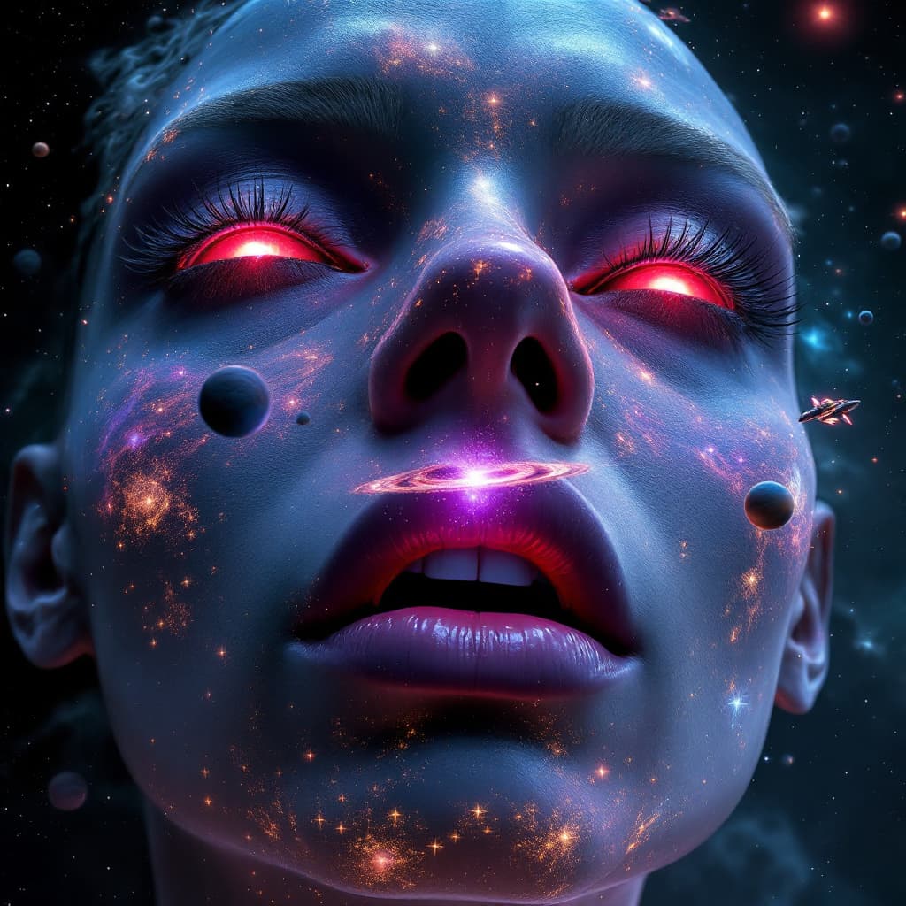AI generated: close up of an enormous cosmic giantess floating in space's nostrils, minuscule galaxy in front of h...