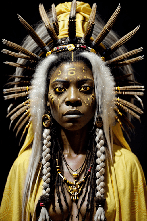AI generated: Realistic youthful Voodoo priestess, serious expression, voodoo headdress, highly detailed voodoo sy...
