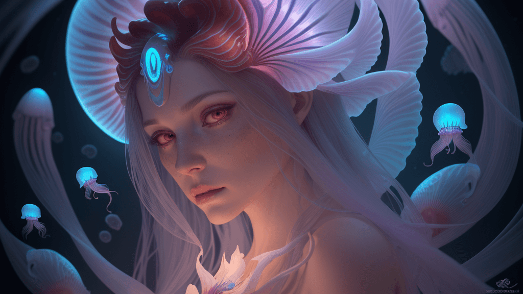 AI generated: Goddess close-up portrait ribcagel. jellyfish phoenix head, nautilus, orchid, skull, betta fish, bio...