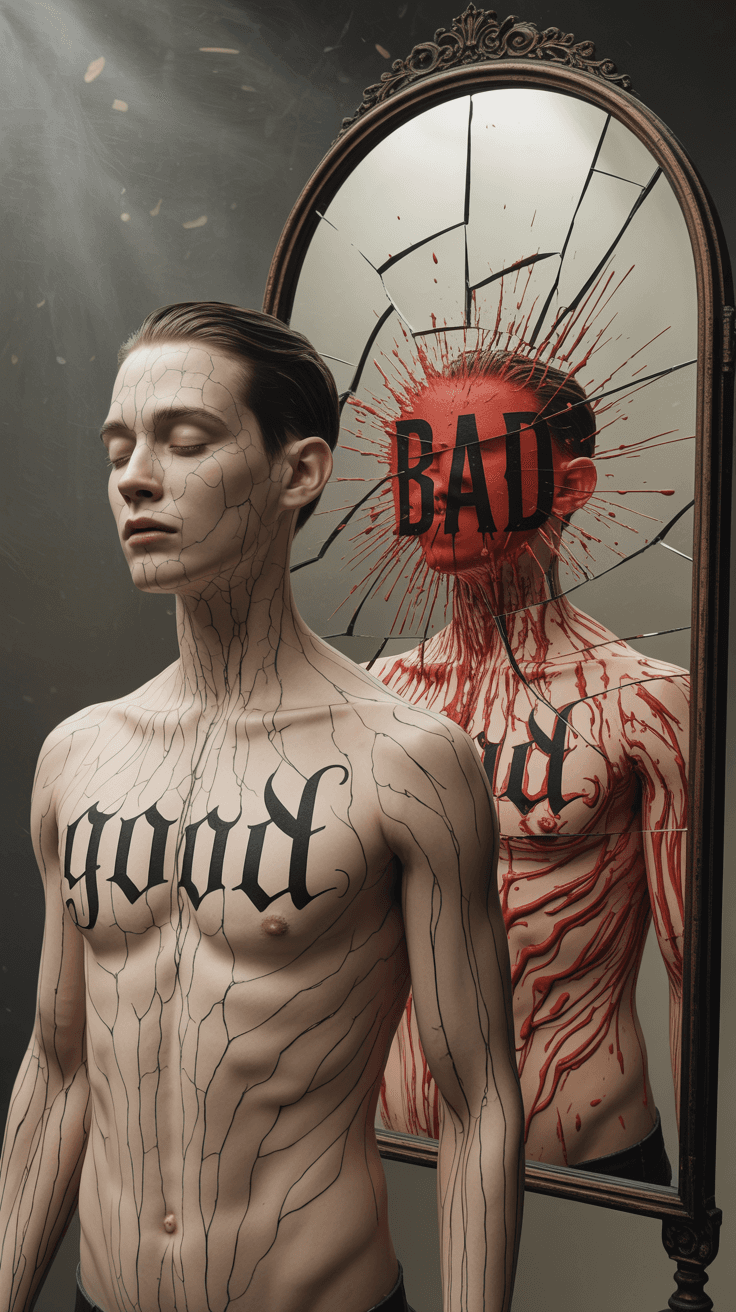 AI generated: A surreal human figure standing before a cracked antique mirror. One half of the real body (left sid...