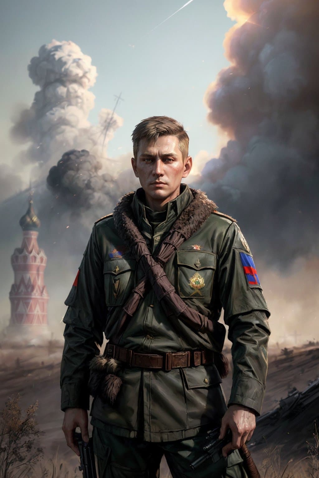 AI generated: A (russian modern Scout:1.4), (watching the enemy with his gun:1.2), Battlefield on the background, ...