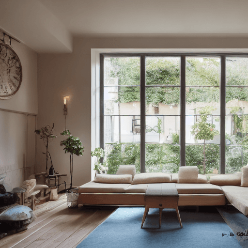 AI generated: High resolution photography interior design, dreamy sunken living room conversation pit, wooden floo...
