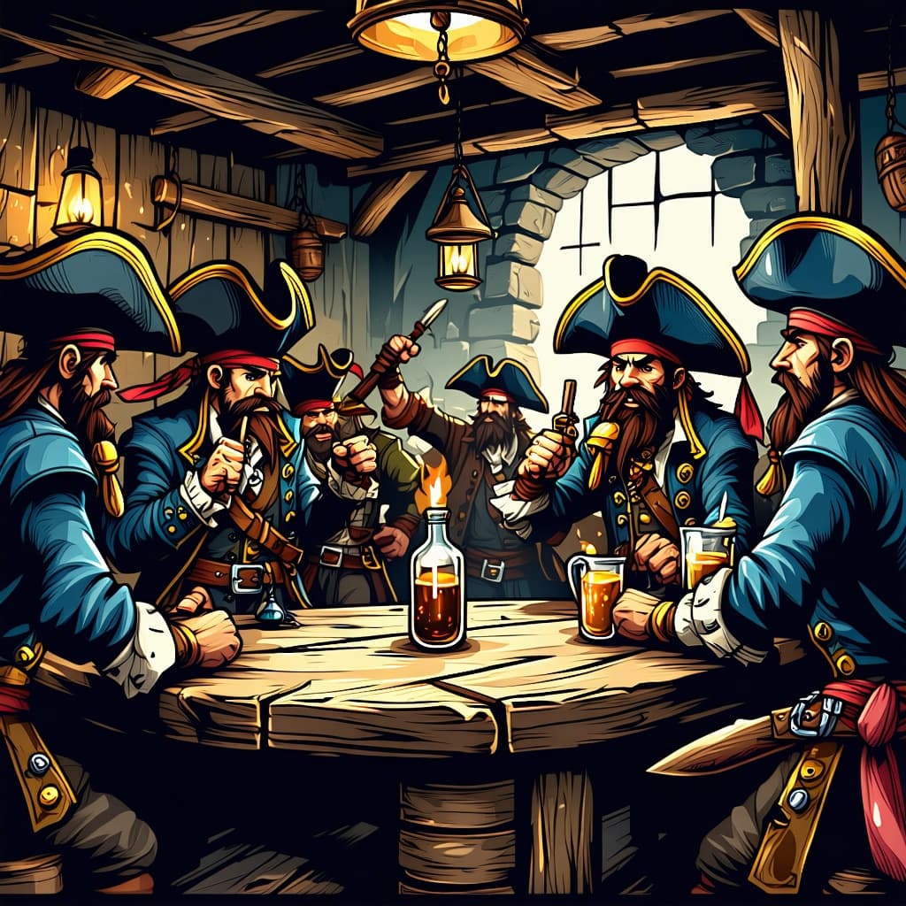 AI generated: tavern brawl with pirates. comic style with sharp, thick lines