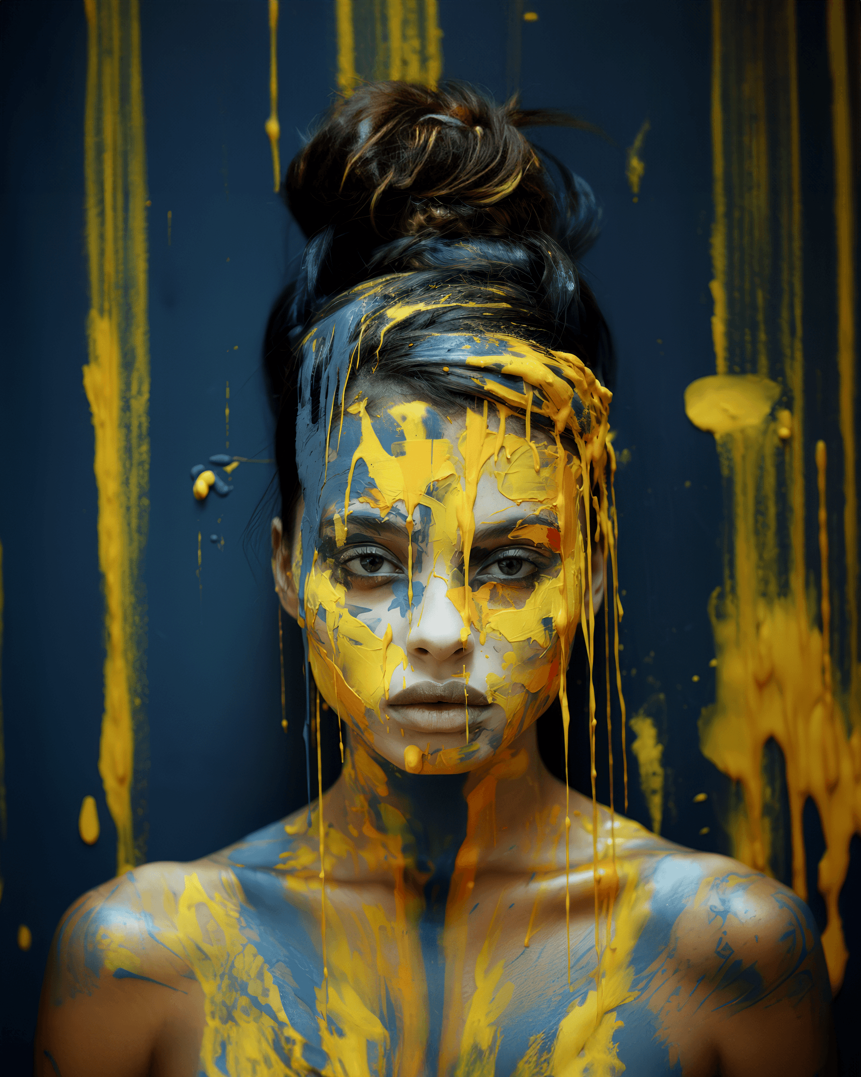 AI generated: a girl with paint on her face, in the style of dark yellow and dark azure, master of ink, acrobatic ...