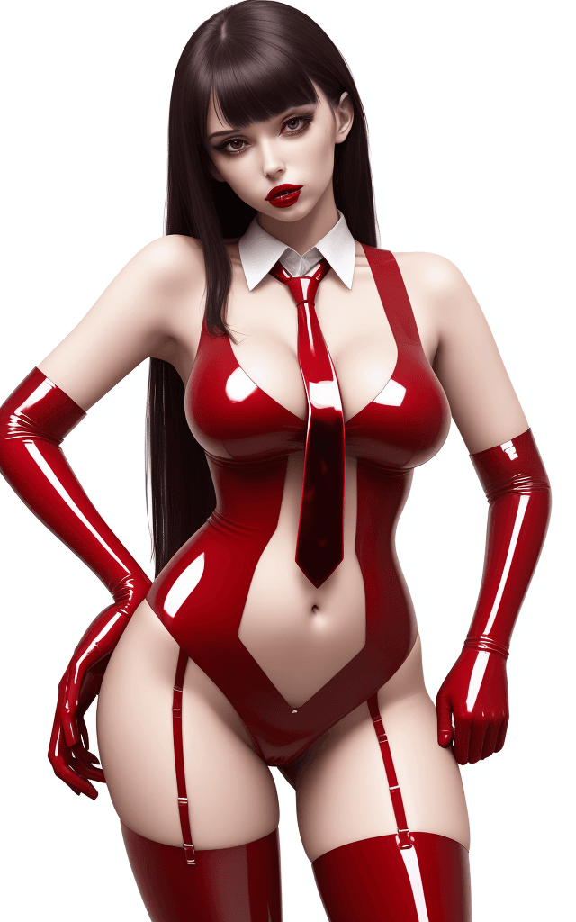 AI generated: high-resolution glitching, full-close photo of an attractive dd-cup woman wearing a red latex tie on...