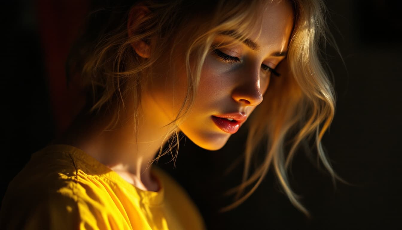 AI generated: blond girl in a yellow shirt is posing sexy, soft, atmospheric lighting --chaos 33 --ar 1:2 --profil...