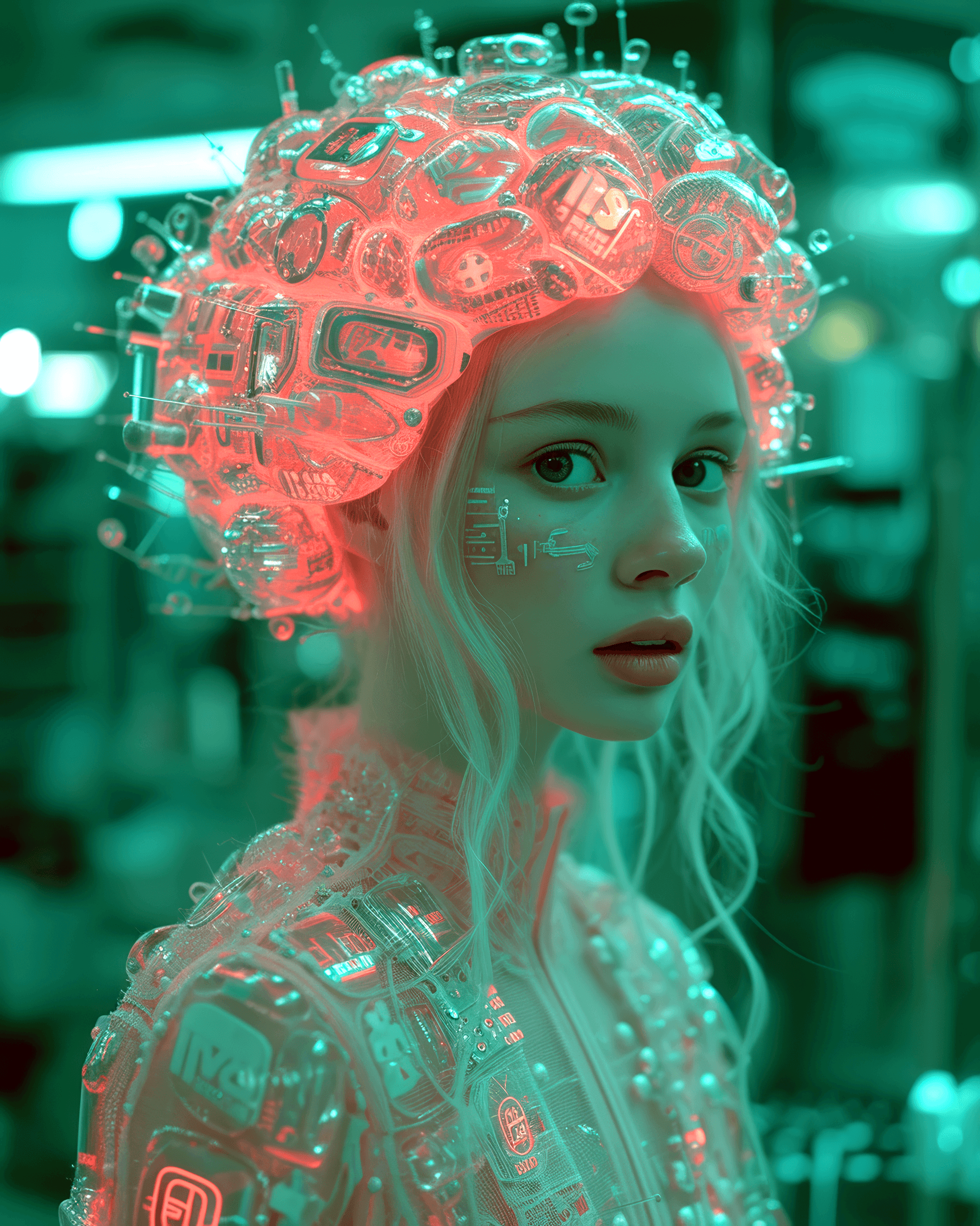 AI generated: This image shows [a white woman] with a very distinctive and stylized [neon brain] that is designed ...