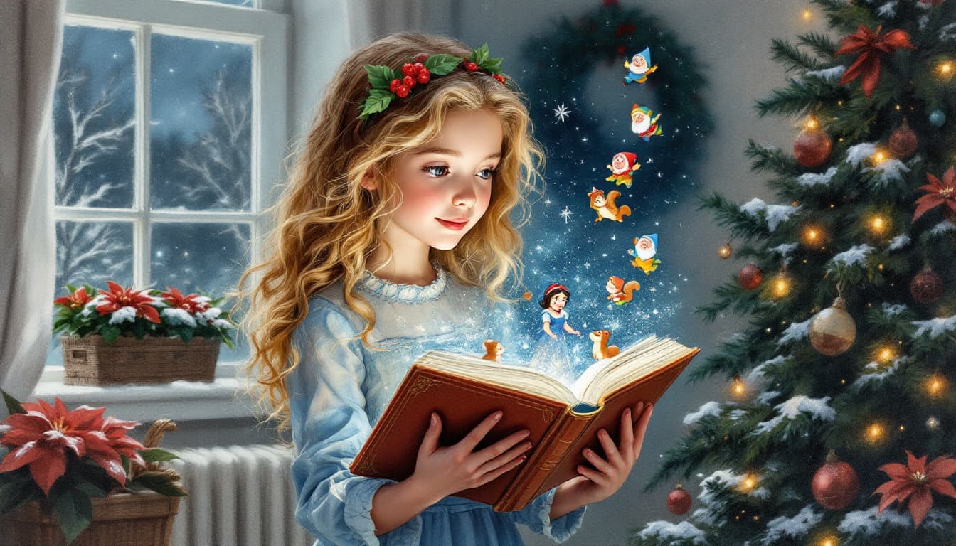 AI generated: Charcoal and pastel drawing of a 10-year-old girl with blond curls. She is wearing a Christmas dress...