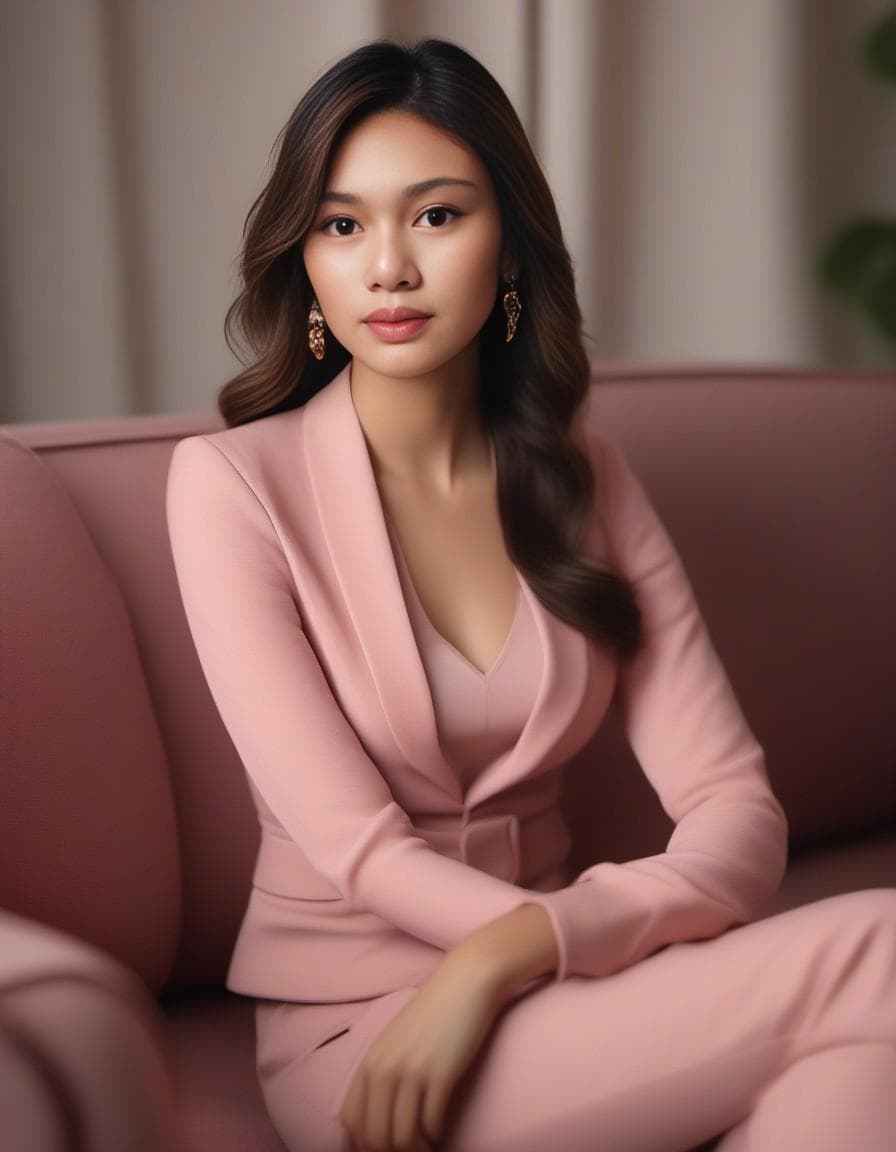 AI generated: High resolution photography beautiful blonde woman wearing pink sitting on a couch, in the style of ...