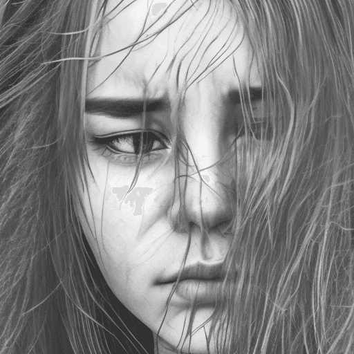 AI generated: a woman looking melancholy, tears running down her face, long hair, with some strands of hair on the...