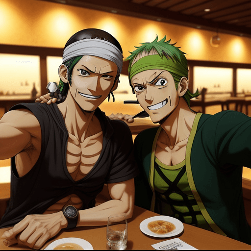 AI generated: Zoro y Usopp, draw anime style by Eiichiro Oda, in a restaurant, taking a selfie,  high-detailed, 