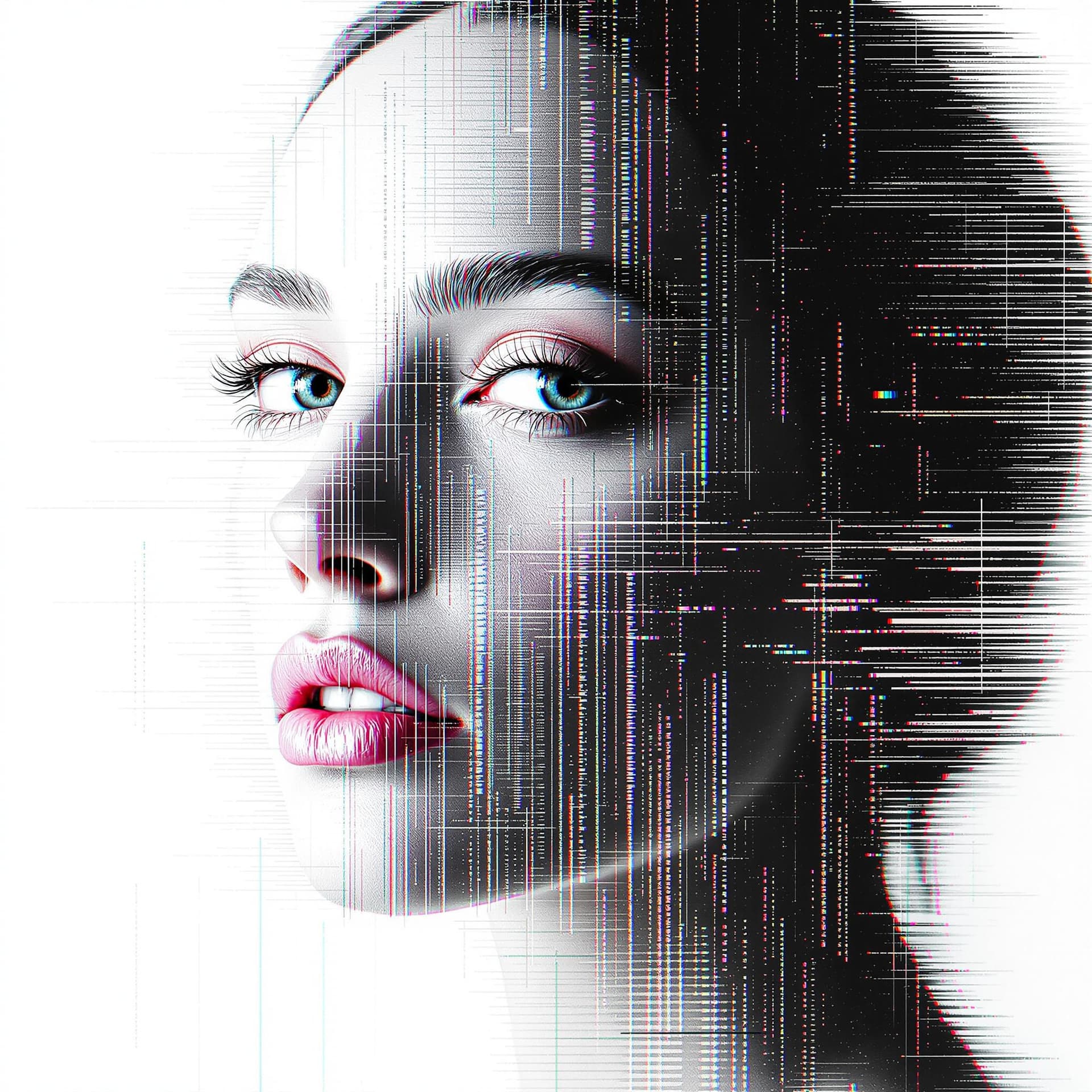 AI generated: glitch art portrait, single woman with clearly defined edges, gaze, pure white background, clean min...