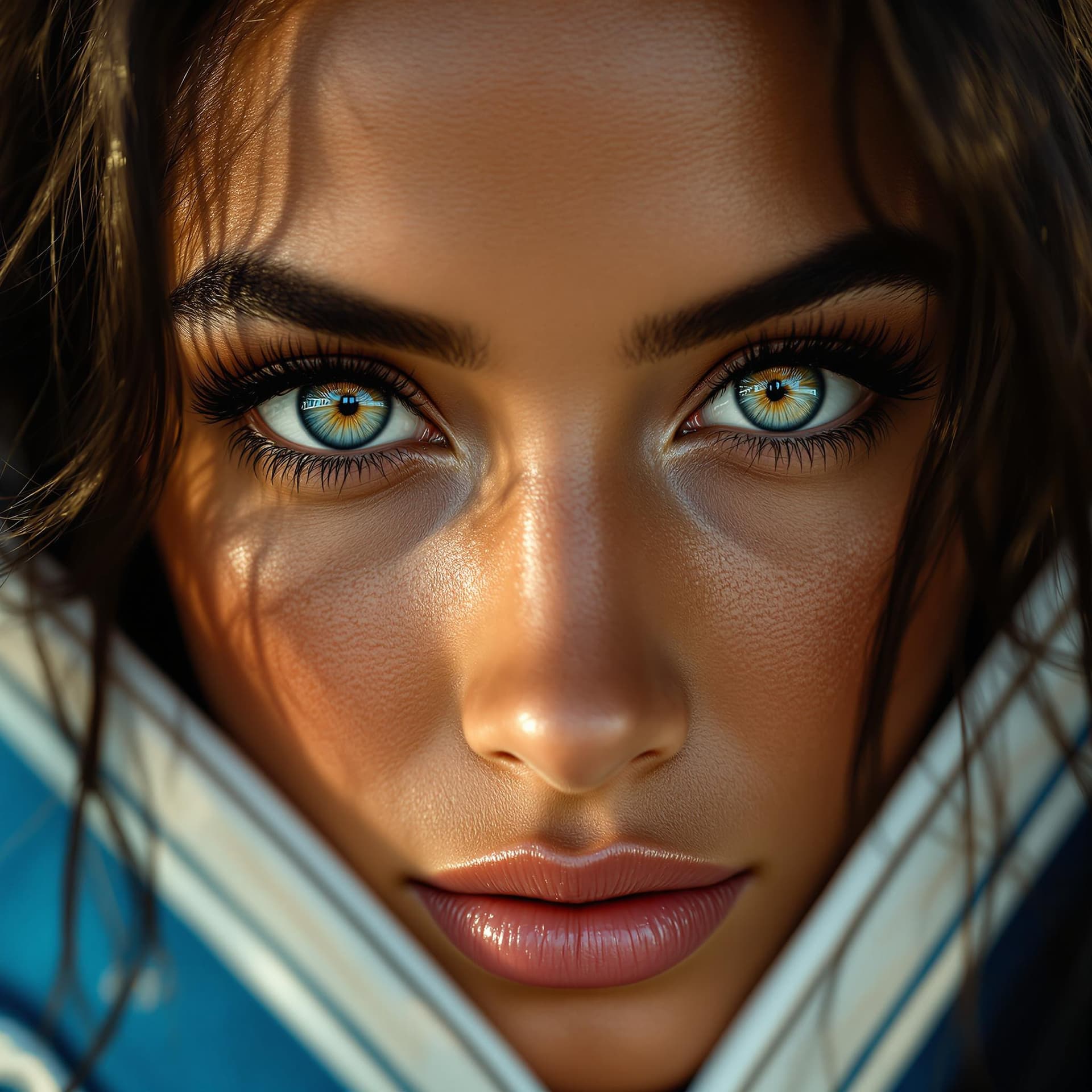 AI generated: a photo realistic, sof ,close up photo of a beautiful Brazilian dark haired woman's  complete  face ...