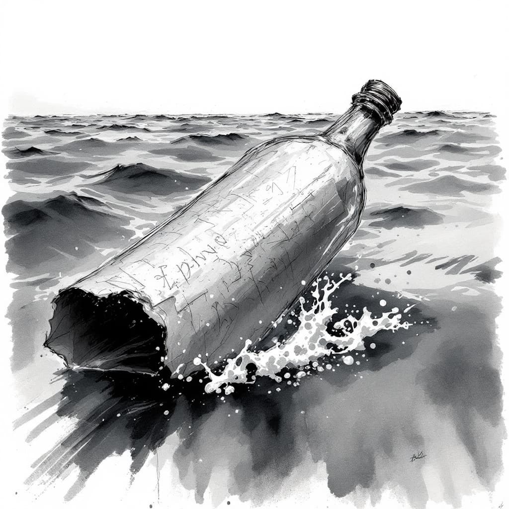 AI generated: an artistic Wet ink, charcoal sketch of a paper rolled inside a bottle, submerged, tilted bottle, fl...