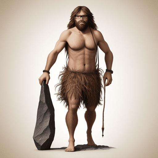 AI generated: create a mixed media image of. a caveman wearing glasse, full body, front shot