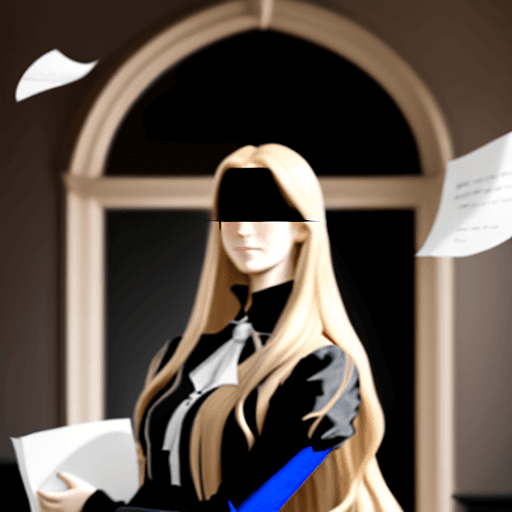 AI generated: an English teacher girl in a black dress with long blond flowing hair stands with his arms crossed, ...
