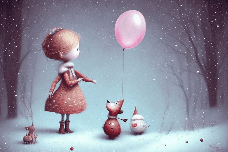 AI generated: On the left side of the image a Holly Hobbie girl holding a balloon, wintertime in the style of Gabr...