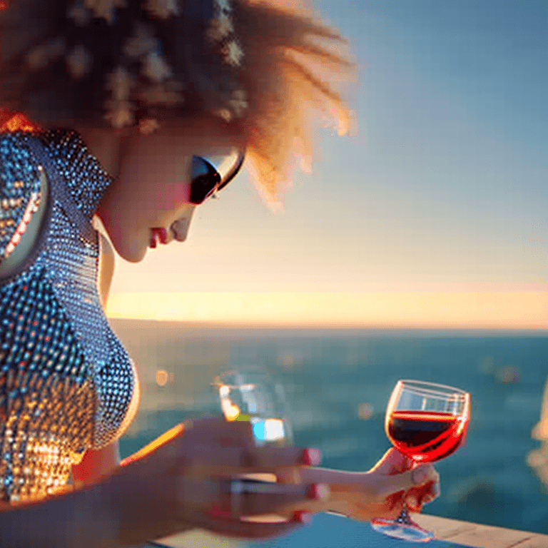 AI generated: a cute  blonde woman is wearing a fishnet tiny party dress. She is drinking wine with a handsome fem...