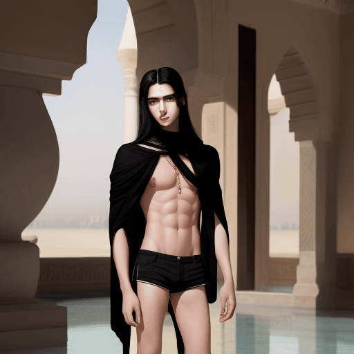 AI generated: 18-year-old male model, full body, Arabic, long flowing black hair slim, small waist, pale, small sh...