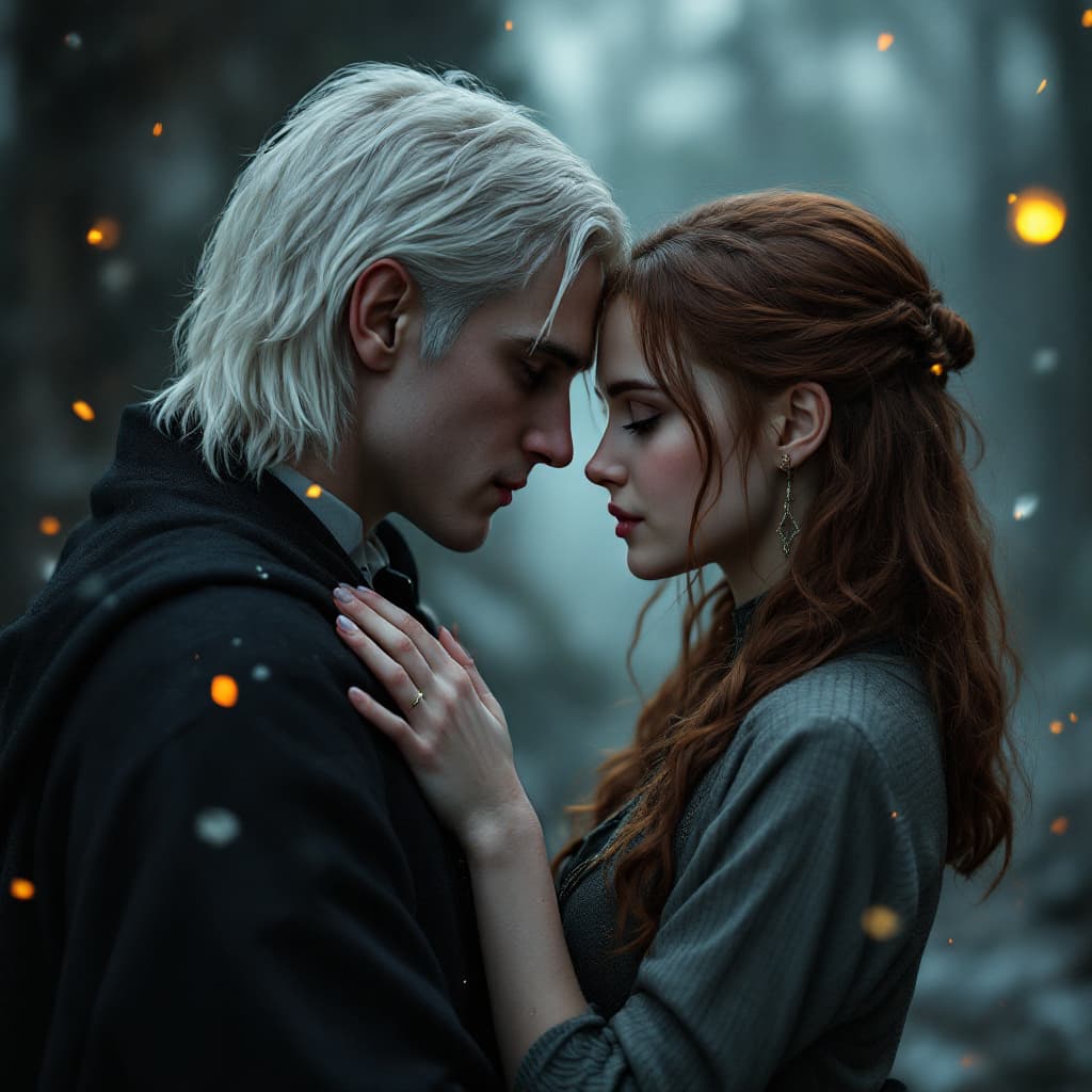 AI generated: Adult Draco Malfoy with white blonde hair and Adult Hermione Granger with bushy brown hair embraced,...