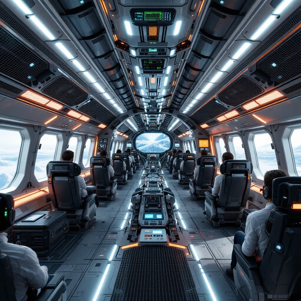 AI generated: Futuristic looking image of an aircraft cabin with a complex machine with lots of antennas and monit...