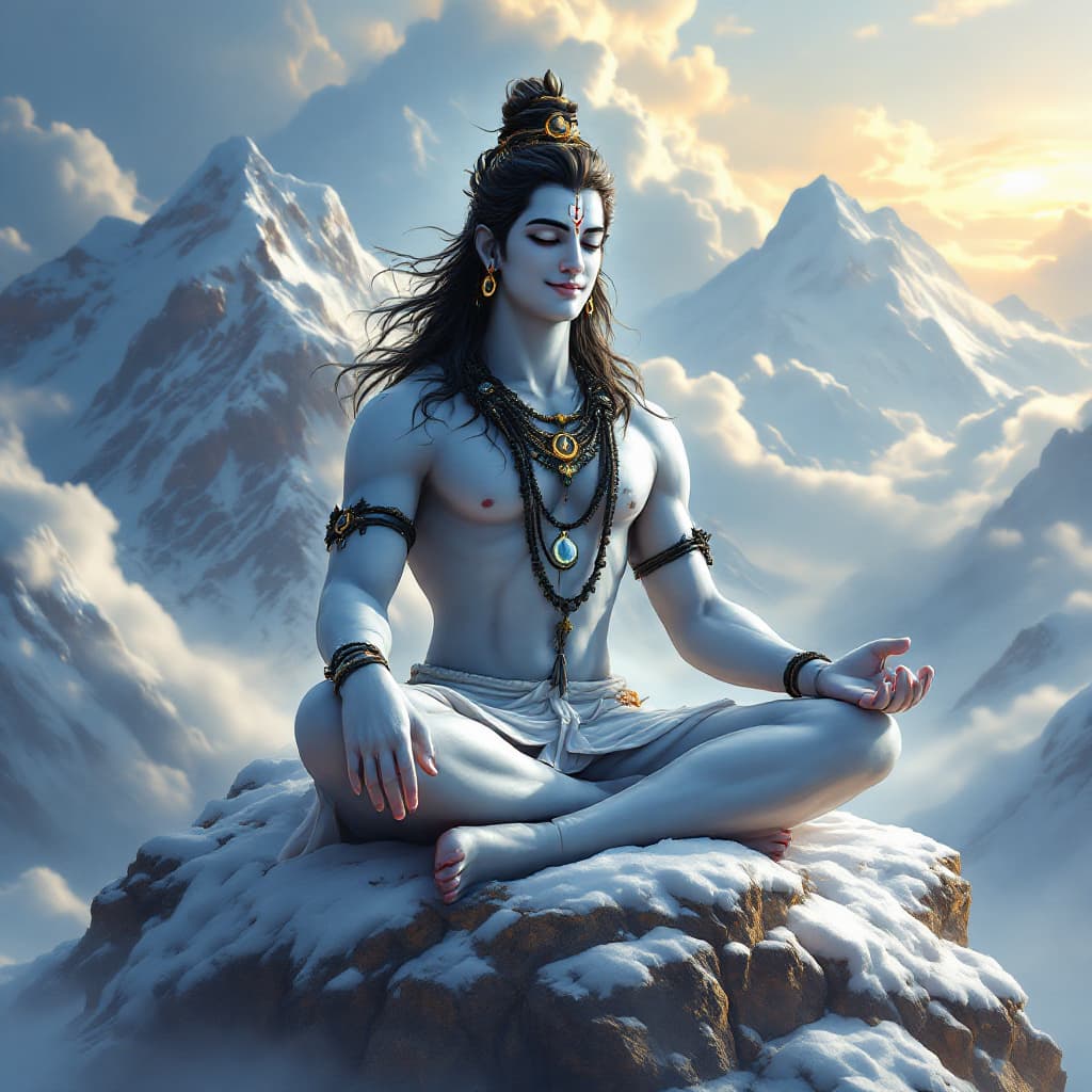 AI generated: Highly detailed lord siva in meditation posture, sitting on a mountain peak, with blissful face. A s...