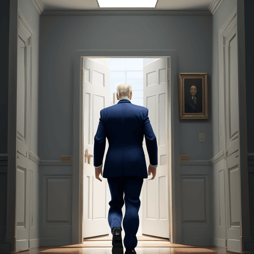 AI generated: Pixar animation of the back of Biden walking out a door with hand raised waiving goodbye, ultrclear,...