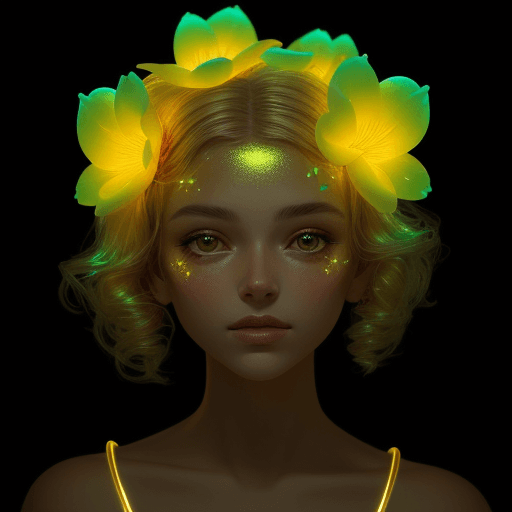AI generated:  Fluorescent flowers and a golden iridescent glow on the face on black background
