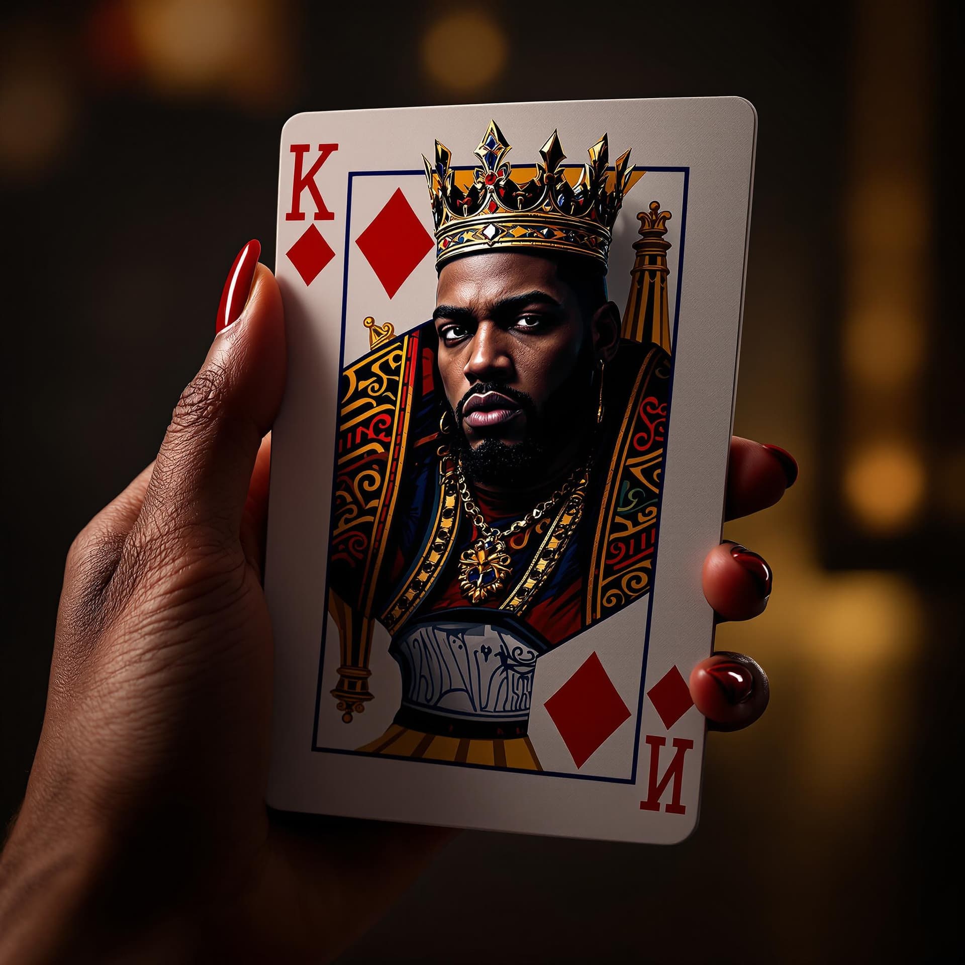 AI generated: a woman's hand with long red nails holding a king of diamonds playing card depicting a realistic hip...