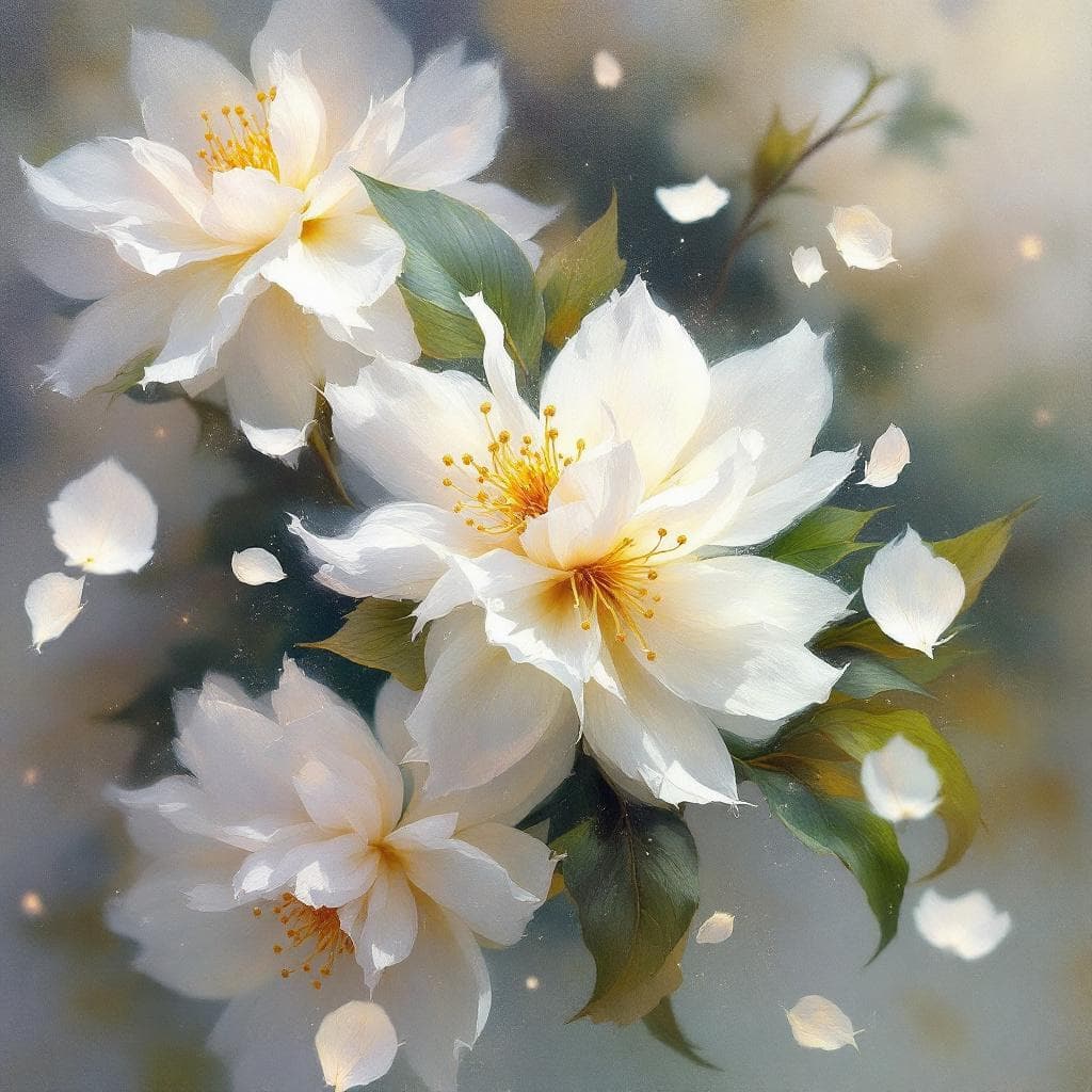 AI generated: A magical Chaenomeles with floating petals and glowing, enchanted blossoms. Willem Haenraets, Jean H...