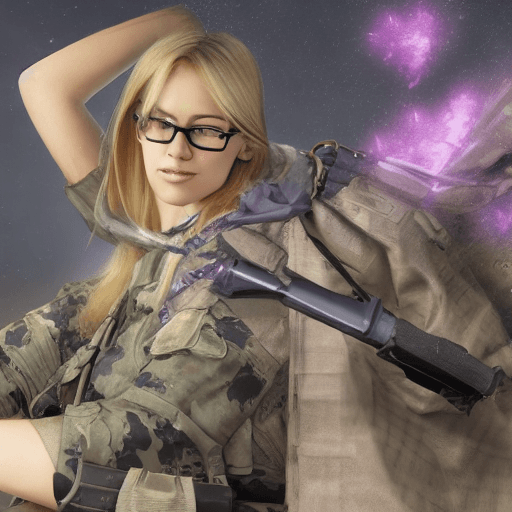 AI generated: Hyper realistic woman, blond semi long hair, rectangular black glasses, wearing purple and black clo...
