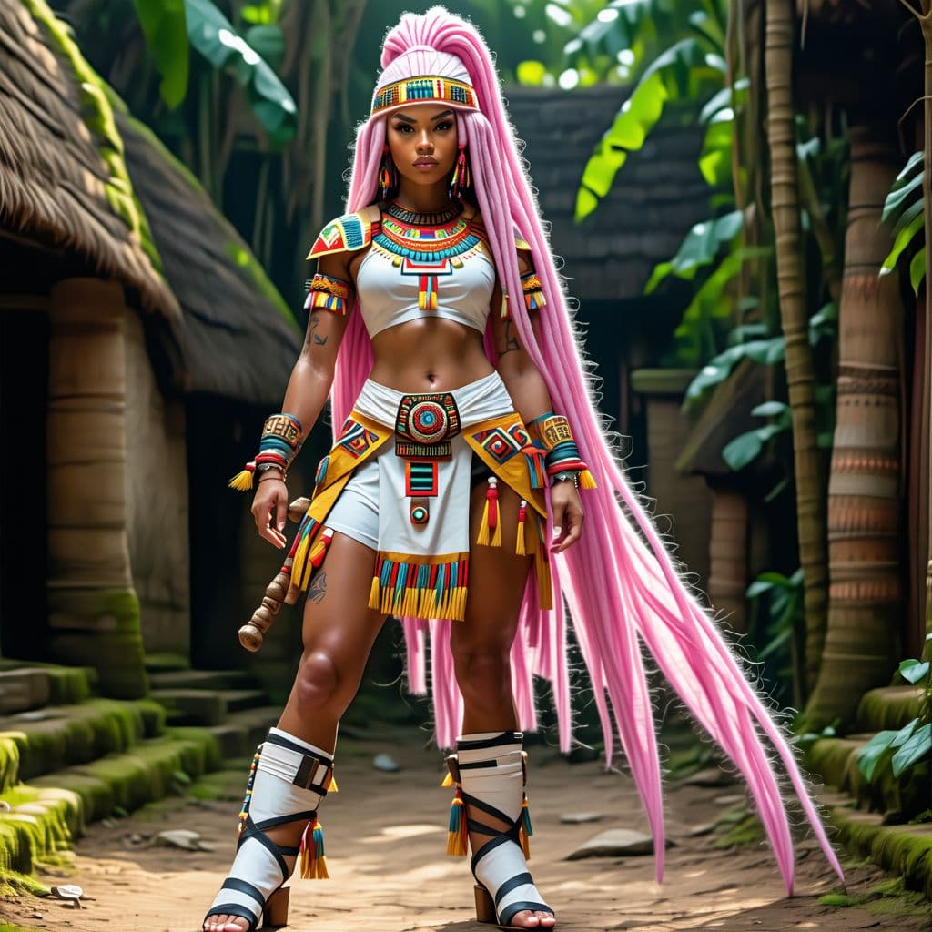 AI generated: Personaje femenino de dragonball, 30 años, tetas grandes, vestida al estilo azteca con pantalón de g...
