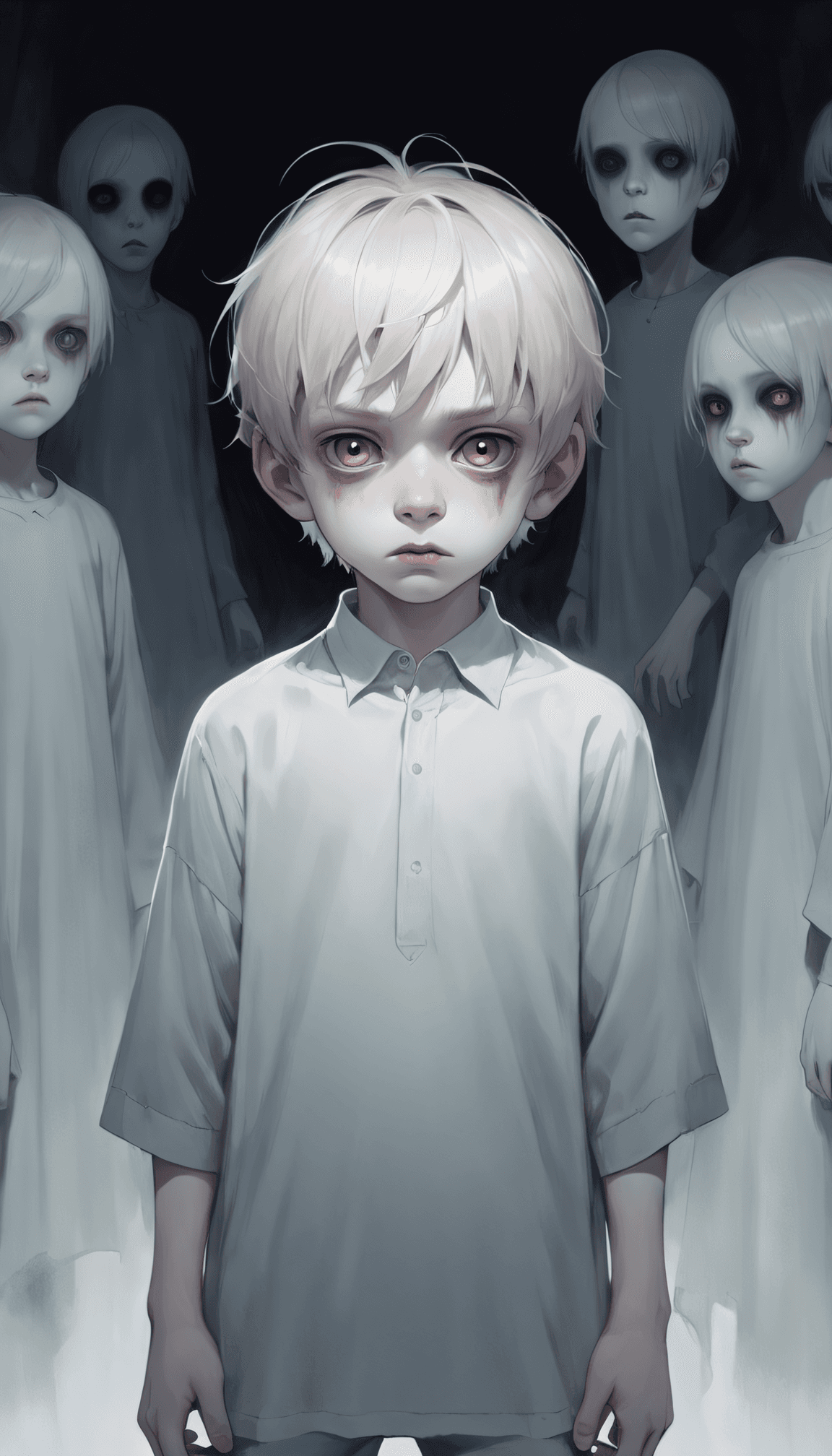 AI generated: Creepy ghostly children , A teenage Boy,. Pale faces, dark eyes, haunting stare, seemingly harmless ...