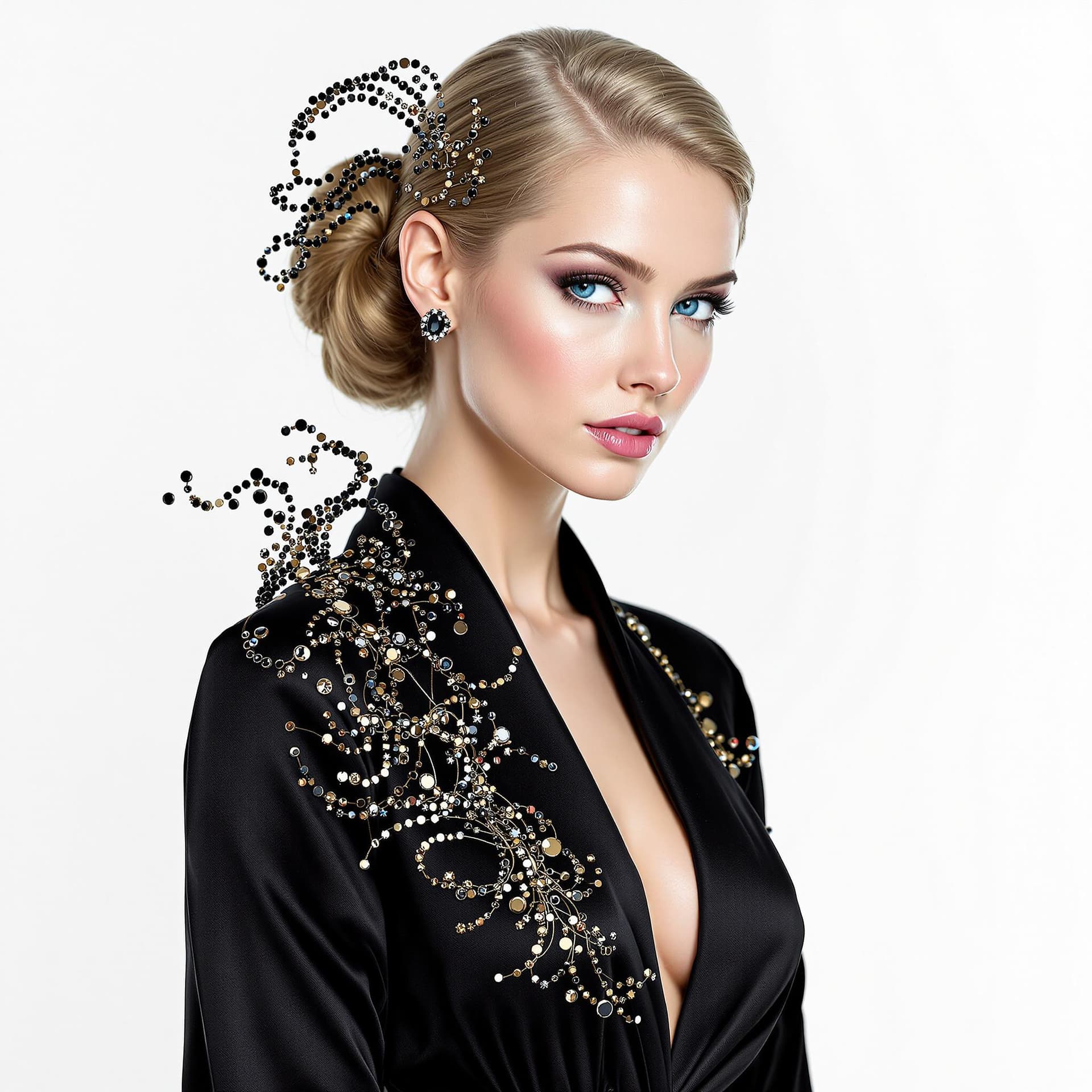 AI generated: Une image d'une belle femme à la peau claire et aux yeux bleus perçants. Ses cheveux sont coiffés en...