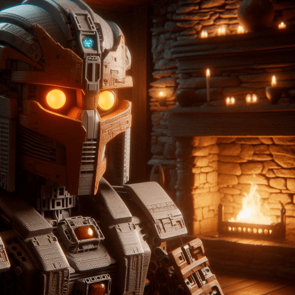 AI generated: Close-up Star Wars 4K cinematic CGI rendering of an ancient brown Bionicle Matoran of Stone with ora...