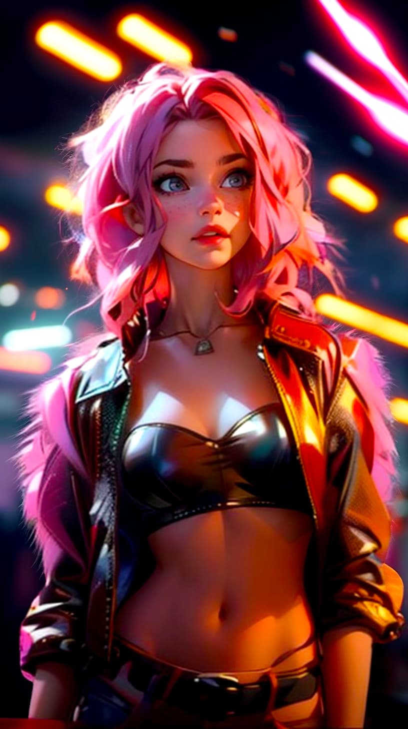 AI generated: Photo of unaware female wearing sexy rave party outfit, feathered jacket, pink hair, wide eye, party...