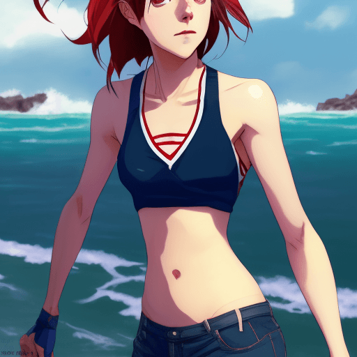 AI generated: a gorgeous hulking Emma Watson as Matoi Ryuko with very short shoulders-length blue-red hair, wearin...