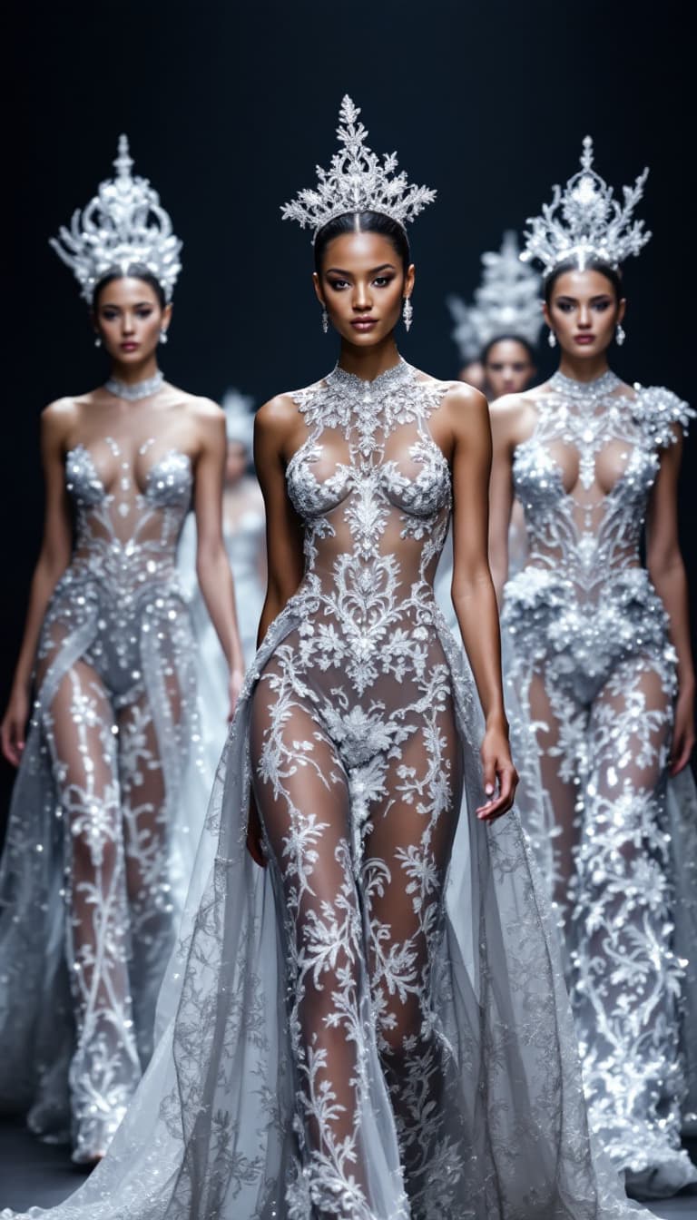 AI generated: Image is a high-fashion runway photograph featuring a group of models walking down the catwalk. The ...