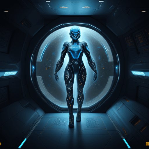 AI generated: futuristic warrior in full military attire in suspended animation, full body hologram inside a flat ...