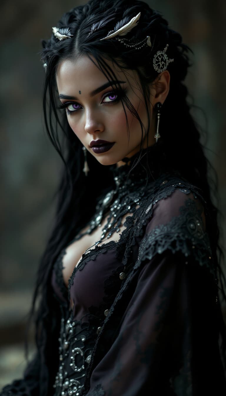 AI generated: An ultra-realistic, full-body portrait of a captivating gothic witch woman, radiating dark knowledge...