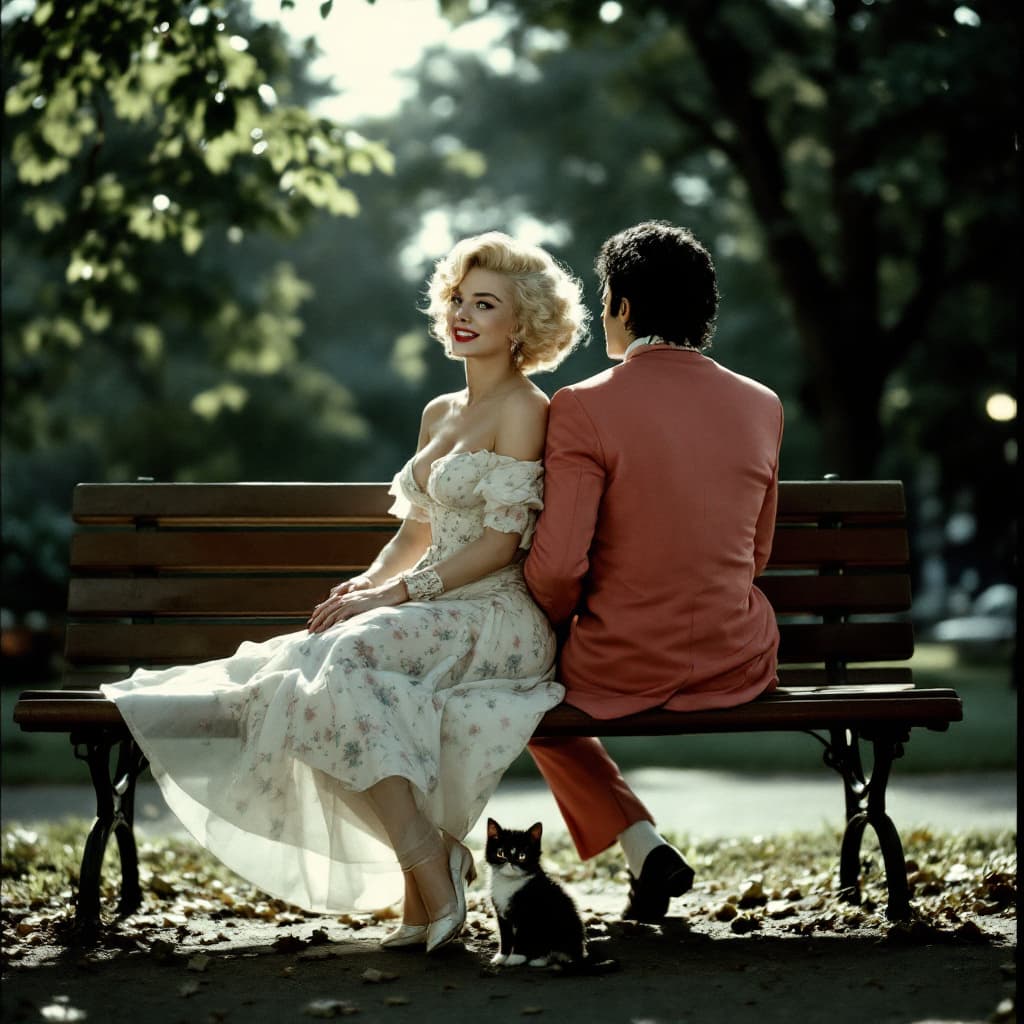 AI generated: Marilyn Monroe and Michael Jackson during the Cuban missile crisis are sitting on a parkbench in hid...