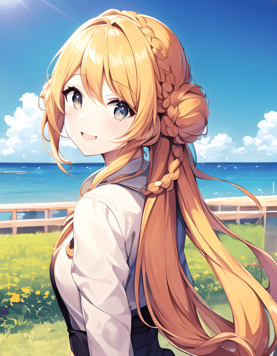 AI generated: outdoors, perfect anime quality, sunny, beautiful scenery, perfect face, perfect long hair, photo qu...