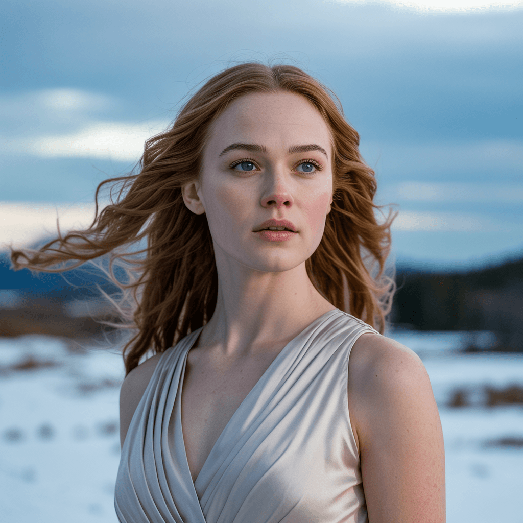 AI generated: cinematic portrait of beautiful Scandinavian woman in elegant silk dress, standing in snowy landscap...