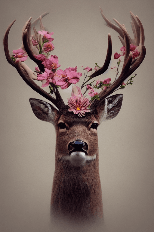 AI generated: a beautiful portrait of deer, impossible striking many small flower headpiece,, symmetrical, closeup...