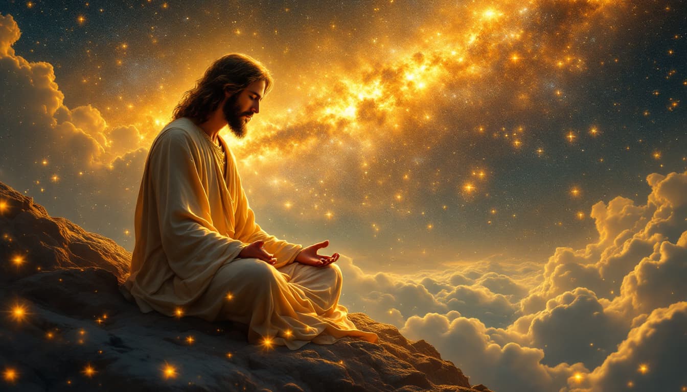 AI generated: 
jesus  in golden . . sitting beside is in serenity , meditation zen, , nebulain golden colors and s...