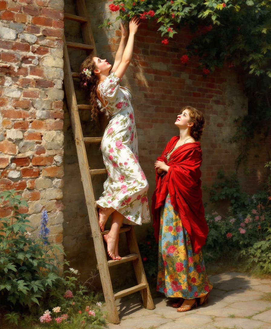 AI generated: Prompt:

Renaissance oil painting of two young women in a charming outdoor scene. One woman in a flo...